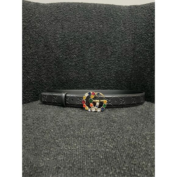 Gucci black strap gold tone gg buckle with multicolored crystals belt size 85 - Picture 1 of 6